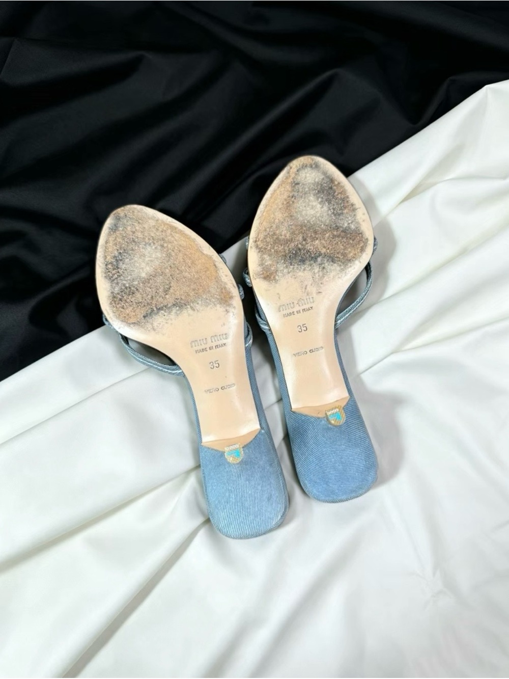 Miu Miu Light Blue Denim Floral Knot Slide Mules - Picture 6 of 6
